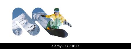 Banner. Collage d'arte contemporanea. Lo snowboarder vestito con giacca gialla e pantaloni verdi esegue un trick aereo su piste innevate di montagna. Foto Stock