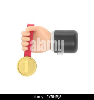 Icona movimento cartoni animati Mockup. Uomo d'affari che tiene a mano la medaglia del vincitore, concetto vincitore del concorso.rendering 3D su sfondo bianco. Foto Stock