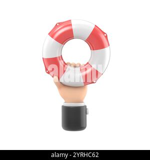 Concetto di aiuto. Lifebuoy tenuta in mano.illustrazione 3d design piatto. Supporto di beneficenza. Simbolo della speranza. Uomo d'affari con un salvagente in acqua. Date aiuto Foto Stock