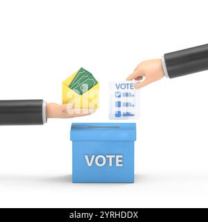 Icona dei gesti dei cartoni animati Mockup.3D mano che inserisce la carta di voto nella casella delle schede. Elezioni, voto, andare a votare, partecipazione dei cittadini al concetto di voto. 3d. Foto Stock