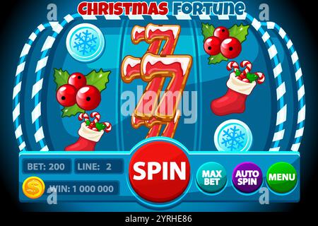 Christmas Fortune, interfaccia SLOT machine Blue con icone natalizie. Striscione con slot machine per caramelle e pan di zenzero 7, bacche, moneta e calzino natalizio Illustrazione Vettoriale