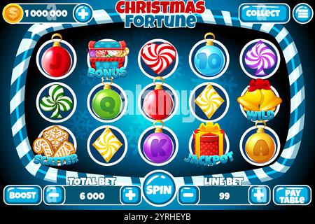 Slot machine casinò, design dell'interfaccia utente di gioco, concetto di app mobile per il gioco di Natale o gioco a tema di caramelle. L'interfaccia utente del gioco di slot con Illustrazione Vettoriale