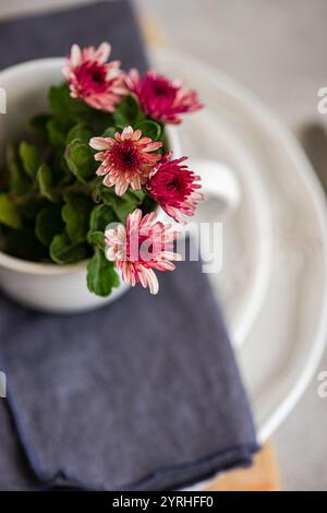 I vivaci fiori di crisantemo rosa in una tazza bianca su uno sfondo a strati e testurizzato di tessuto grigio e piatto bianco creano un piano da tavolo sereno ed elegante Foto Stock
