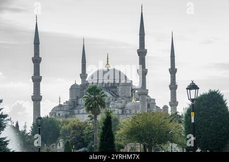 Una splendida vista di una grande moschea con i suoi torreggianti minareti adagiati su un cielo nuvoloso circondato da lussureggiante vegetazione, la scena cattura l'essenza di un Foto Stock