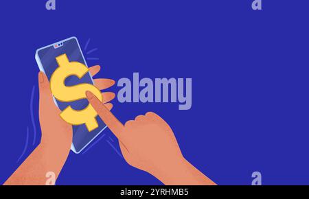 L'illustrazione che raffigura lo shopping su dispositivi mobili utilizzando uno smartphone presenta una mano che regge un telefono con un grande simbolo del dollaro su uno sfondo blu brillante Foto Stock