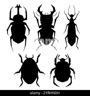 Set vettoriale di sagome nere di vari coleotteri isolati dallo sfondo. Collezione entomologica di ombre di scarabei, formiche volanti, api Illustrazione Vettoriale