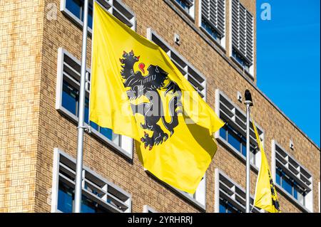 Bandiere fiamminghe presso l'edificio Herman Teirlinck del governo fiammingo a Laeken, Bruxelles, Belgio, 29 novembre 2024 Foto Stock