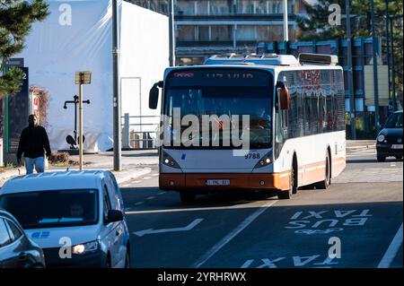 Traffico cittadino con autobus e auto a The Square o Place des Armateurs Redersplein a Laeken, Bruxelles, Belgio, 29 novembre 2024 Foto Stock