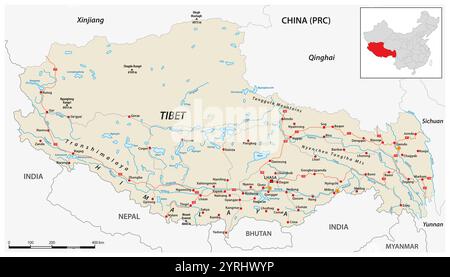 Mappa dettagliata della regione autonoma del Tibet, Cina Foto Stock