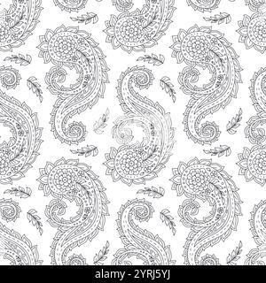 Motivo senza cuciture con motivi Paisley in bianco e nero Illustrazione Vettoriale