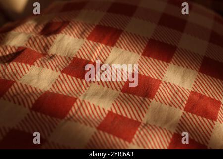 Un tessuto dalla texture accattivante caratterizzato da un motivo a scacchi nei colori rosso e crema Foto Stock