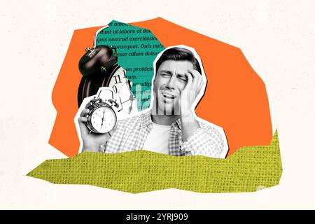 Grafica di disegno di schizzi compositi collage di foto 3D dell'ora di scadenza del tempo di clock il giovane soffre di mal di testa tenere a mano l'orologio frammento di copyspace Foto Stock