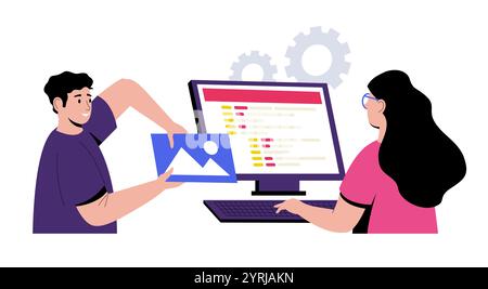 Due sviluppatori Web che collaborano al progetto digitale inseriscono un'immagine nel codice del sito Web visualizzato sullo schermo del computer. Lavoro di squadra, tecnologia e. Illustrazione Vettoriale