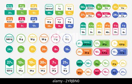 Etichetta dei dati nutrizionali. Tavola alimentare con valore energetico giornaliero, informazioni sulla dieta salutare per cereali, snack, bevande e dessert. Set di cartoni animati vettoriali Illustrazione Vettoriale