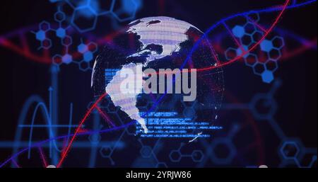 Terra rotante con filamenti di DNA e modelli esagonali, immagine di dati scientifici Foto Stock