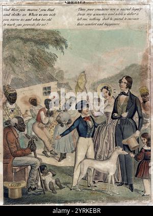 La stampa di Edward Williams Clay (1799-1857) mostra una rappresentazione idealizzata della schiavitù americana e delle condizioni dei neri in questo sistema nel 1841. L'impressione della Biblioteca sulla stampa è intitolata 'schiavitù in bianco e nero', che contrasta con la situazione degli 'schiavi bianchi' abusati della Gran Bretagna e degli 'schiavi neri contenti' dell'America. Il lavoro dell'apologo, E. W. Clay, mostra una consistente mancanza di simpatia per i neri Foto Stock