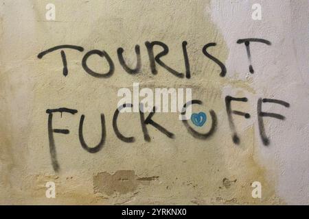 Valencia, lo slogan Tourist Go home è scritto su un muro nel centro storico di Valencia. Foto Stock