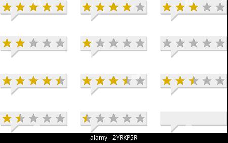 Icona di valutazione e revisione a cinque stelle con casella di chat, recensione della valutazione dei prodotti dei clienti. illustrazione vettoriale isolata su sfondo bianco. Illustrazione Vettoriale