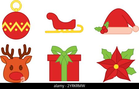 Collezione di decorazioni natalizie piatte e renne Vector Illustrazione Vettoriale
