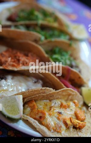 tipico cibo messicano. vassoio con tacos assortiti guarniti con lime e coriandolo. Foto Stock