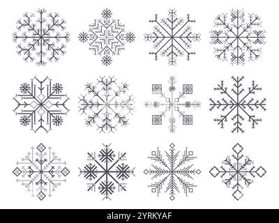 Set di icone dei fiocchi di neve. Silhouette nere di fiocchi di neve su sfondo bianco. Sfondo invernale con fiocchi di neve geometrici di diverse forme per Illustrazione Vettoriale