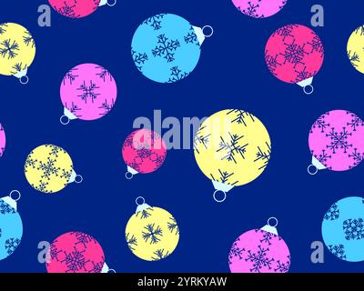 Palle di Natale con motivo senza cuciture. Le palle dell'albero di Natale sono decorate con motivi a fiocchi di neve. Palle d'albero di Natale. Design natalizio per involucri, coperture, Illustrazione Vettoriale