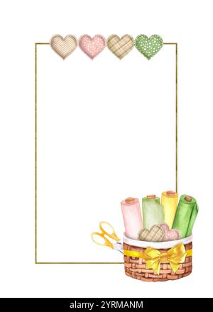 Cartolina pronta all'uso. Sottile cornice dorata con cestello per cucire, rotoli di tessuto, forbici, cuscini a forma di cuore. Illustrazione ad acquerello disegnata a mano. Foto Stock
