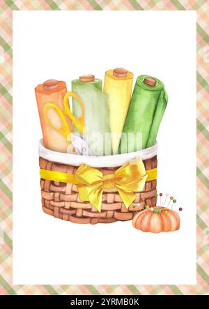 Cartolina pronta per l'uso con cestello da cucire con rotoli di tessuto, cuscino e forbici. Verde, giallo, arancione. Illustrazione ad acquerello disegnata a mano. Foto Stock