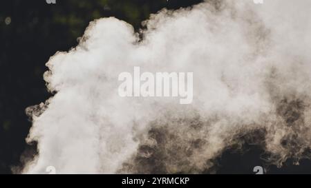 Fumo bianco che crea forme astratte su sfondo scuro, perfette per mistero, suspense o concetti industriali Foto Stock