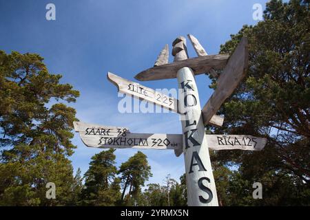 La lettonia, occidentale della Lettonia, regione di Kurzeme, Cape Kolka, Kolkasrags, Kolka, Slitere National Park, segnaletica Foto Stock