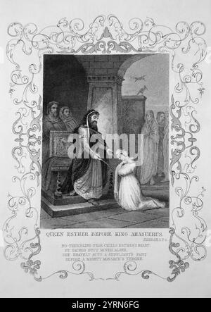 Steel Engraving of Queen Esther Before King Ahasuerus (Esther) Esther Kneels prima di King Ahasuerus che poi tenne fuori lo scettro d'oro per Show She Wa Foto Stock