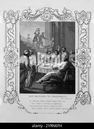 L'incisione d'acciaio del lavoro ripristinata alla prosperità dopo essere stata testata da Dio (Giobbe) dalla storia della scrittura illustrata di Tallis del 1851 per il miglioramento f Foto Stock