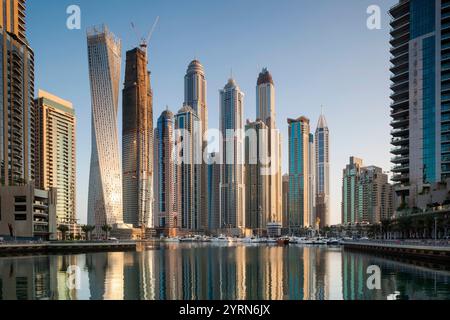 Emirati Arabi Uniti, Dubai, Dubai Marina, alti edifici che includono la tortuosa Torre Cayan, mattina. Foto Stock