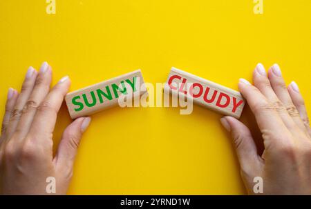 Simbolo soleggiato o nuvoloso. Parola concettuale soleggiata o nuvolosa su blocchi di legno. Mano d'affari. Bellissimo sfondo giallo. Business e Sunny o Cloudy con Foto Stock