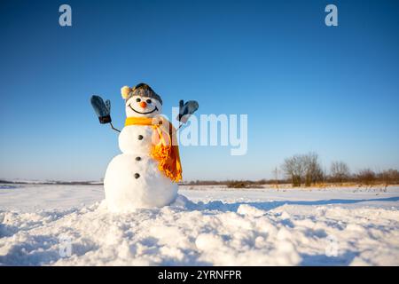 Smiley pupazzo di neve con cappello a maglia e sciarpa gialla con le mani in alto su un campo innevato. Cielo blu sullo sfondo Foto Stock