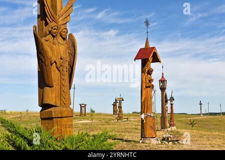 Sculture di angeli in legno di quercia sulla Collina degli Angeli, che segnano il Millenio del nome della Lituania e i 600 anni del Trakai Chu Foto Stock