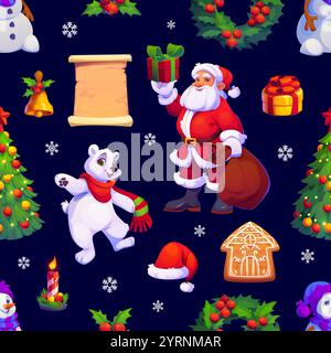Fantasia perfetta per le feste natalizie. Sfondo di piastrelle vettoriali o carta da imballaggio con cartoni animati Babbo Natale, orso polare, albero decorato, regalo, agrifoglio, fiocchi di neve, pan di zenzero, candele e pergamena Illustrazione Vettoriale