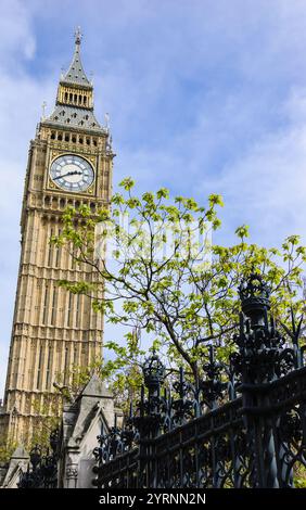 Big Ben dietro la recinzione forgiante del parco in primavera assolata. Londra, Regno Unito. Foto Stock