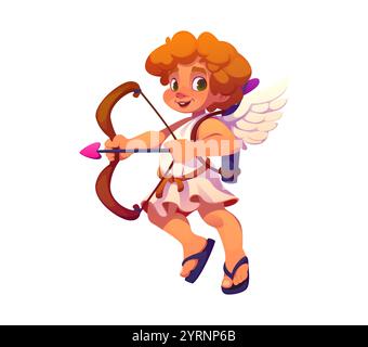 Carino personaggio di San Valentino con arco e freccia, simbolo di amore, passione e romanticismo. Vettore di cartoni animati isolato affascinante angelo cherubino celeste con ali pronte a sparare e spezzare il cuore con amore Illustrazione Vettoriale