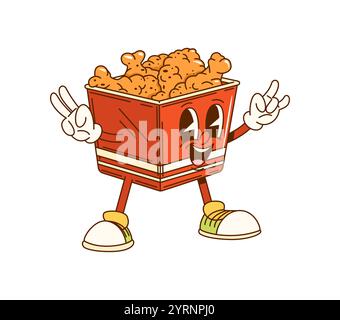 Cartoni animati con cosce di pollo fritte, personaggio del fast food nelle sneakers hippie. Scatola sorridente rossa vettoriale isolata con bacchette di pollo croccanti, che porta un'atmosfera retrò y2k al menu del caffè per bambini Illustrazione Vettoriale