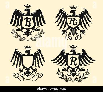 Simbolo araldico del potere reale. Aquila con ali spalmate e scudo, set di emblemi. Illustrazione vettoriale Illustrazione Vettoriale
