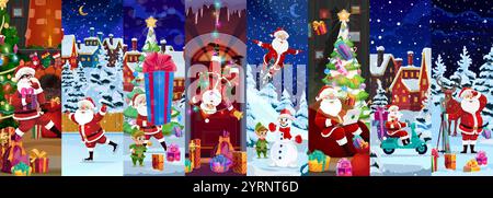 Collage di personaggi natalizi di Babbo Natale. Scene vettoriali con cartoni animati di babbo natale nelle festività natalizie, come consegna dei regali, sci e trascorrere il tempo con elfi e pupazzi di neve in paesaggi innevati Illustrazione Vettoriale