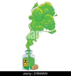 Bottiglia veleno in vetro con fumo tossico, contenitore veleno con sughero, bottiglia veleno Halloween con teschi Illustrazione Vettoriale