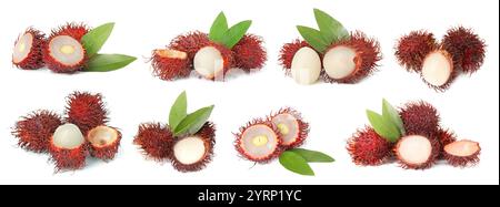 Frutta fresca di rambutan tropicale e foglie verdi isolate su bianco, set Foto Stock