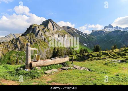 Una vasca di legno con acqua sorgiva sulle alte Alpi con il Lobhoerner Peak sullo sfondo Foto Stock