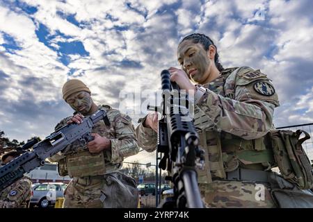 Germania. 27 novembre 2024. Soldati STATUNITENSI assegnati al 554th Military Police Company, 709th Military Police Battalion, 18th Military Police Brigade, e 212th Military Police Company, 93rd Military Policy Battalion, 1st Armored Division, con tre soldati tedeschi della 7th Military Police Company, il reggimento 3 ha partecipato all'annuale Clifton Challenge il 27 novembre 2024 sulla USAG di Stoccarda, Germania. L'evento commemora la memoria di Karen Clifton, soldato caduto, in una serie di sfide per testare l'abilità e la resistenza di ogni squadra mentre costruisce morale e cameratismo. (Immagine di credito: © Foto Stock