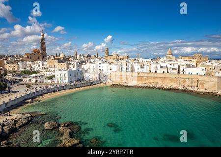 Città vecchia di Monopoli con la cattedrale, le mura della città e la spiaggia Cala porta Vecchia vista dall'alto, Puglia, Italia, Europa Foto Stock