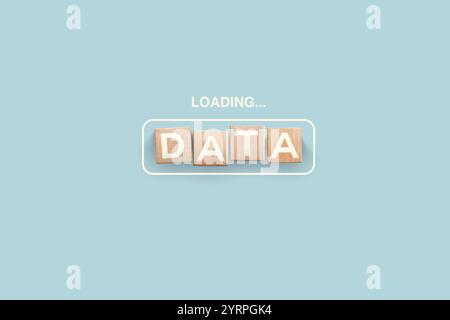 Parola DATI scritta su cubi di legno con spazio di copia. Caricamento DEI DATI su sfondo blu, idea creativa. Dati, concetto Foto Stock