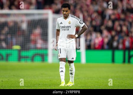 Bilbao, Spagna, Spagna. 4 dicembre 2024. Rodrygo SILVA DE GOES del Real Madrid sembra sventato durante la partita di LaLiga tra Athletic Club e Real Madrid CF allo stadio San Mames il 4 dicembre 2024 a Bilbao, Spagna. (Credit Image: © Matthieu Mirville/ZUMA Press Wire) SOLO PER USO EDITORIALE! Non per USO commerciale! Foto Stock