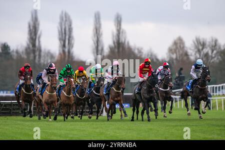 Il campo Coral Racing Club Intermediate handicap hurdle ( Gerry Feilden ). Il vincitore Navajo Indy è sulla sinistra in sete verdi. Foto Stock